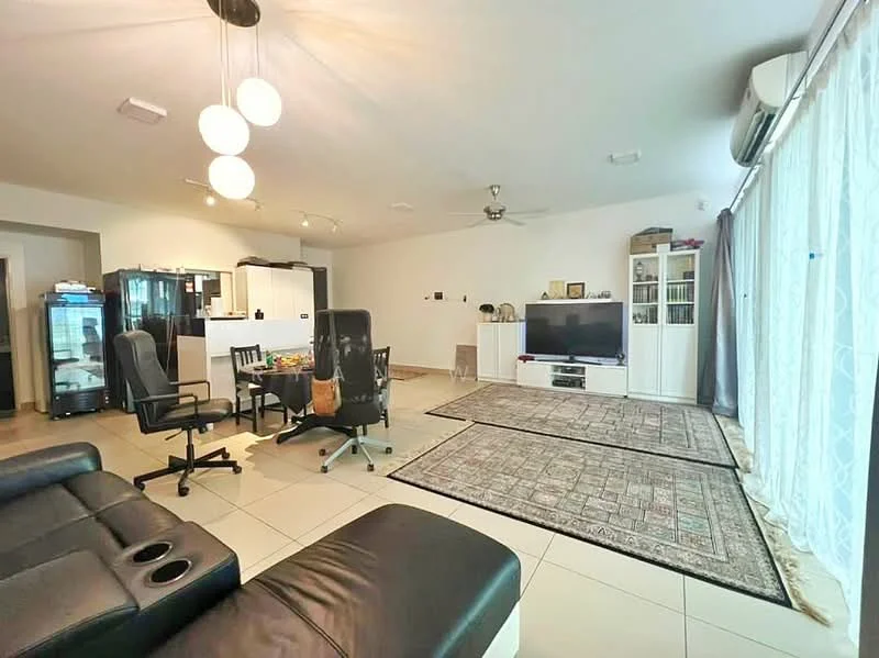 Living features: black leather sofa with cup holders, 2 black office chairs, coffee table, area rug with geometric pattern, wall-mounted TV, entertainment unit, recessed downlights, floor-to-ceiling windows with sheer curtains, light-colored walls, cream tiled flooring, ceiling fan; style: modern. Dining features: dining table with chairs, glass-front cabinet, decorative items on shelves; style: modern.
