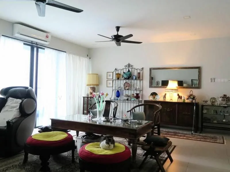 Living features: 5-blade ceiling fan, wall-mounted split AC, floor-to-ceiling windows with sheer curtains, light-colored walls, tile flooring, wooden coffee table, 2 round ottomans with yellow cushions, decorative wall mirror, decorative shelving unit, framed artwork on walls, table lamp, houseplants in pots; style: contemporary.