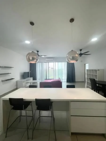 Living features: white walls, recessed downlights, 2 pendant lamps, 5-blade ceiling fan, floor-to-ceiling windows, sliding glass door, grey curtains, open shelving, TV console, dining table, black dining chairs, sofa, tile flooring, kitchen island with storage; style: modern; view: garden.
