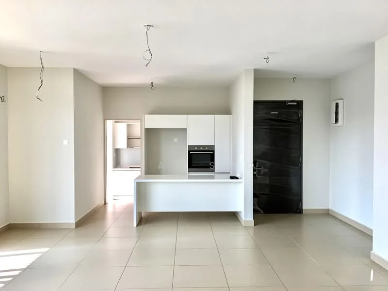 Kitchen features: white cabinetry, built-in oven, stainless-steel sink, single-bowl stainless-steel sink, countertop with breakfast bar, tile flooring, recessed downlights, open layout, wall-mounted split AC; style: modern. Room features: light grey painted walls, neutral tile flooring, open space layout.