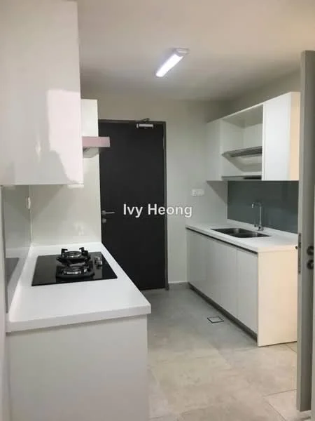 Kitchen features: white glossy cabinetry, grey backsplash, stainless-steel gas hob, built-in oven, single-bowl stainless-steel sink, chrome pull-down faucet, white countertop, tile flooring, recessed LED downlights, open shelving; style: modern.