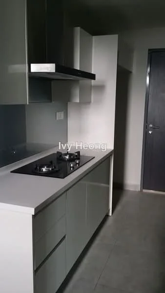 Kitchen features: white cabinetry, grey countertop, stainless-steel range hood, 2-burner gas hob, grey backsplash, built-in oven, drawer storage, open shelving, tile flooring, wall-mounted cabinets; style: modern.