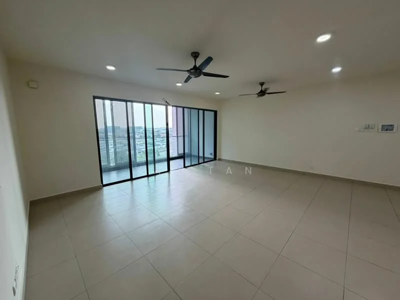 Living features: large floor-to-ceiling windows, sliding glass door, 2 ceiling fans, recessed LED downlights, neutral painted walls, light-colored tile flooring, open layout, city view from windows; style: modern; view: city.