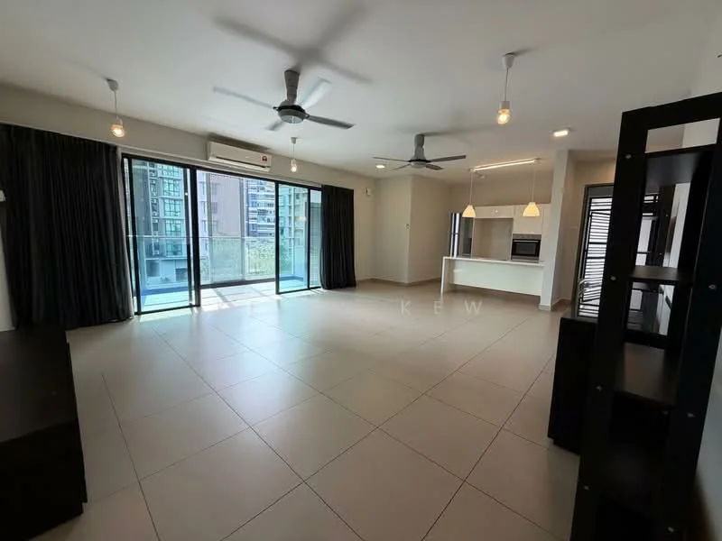 Living features: large floor-to-ceiling windows, sliding glass door, grey tiled flooring, 2 ceiling fans, recessed downlights, blackout curtains, open layout to kitchen, balcony access, built-in shelving unit, neutral wall color; style: modern; view: city. Kitchen features: white cabinetry, stainless-steel appliances, kitchen island, granite countertop, built-in oven, cooktop, refrigerator, open layout to living area; style: modern.