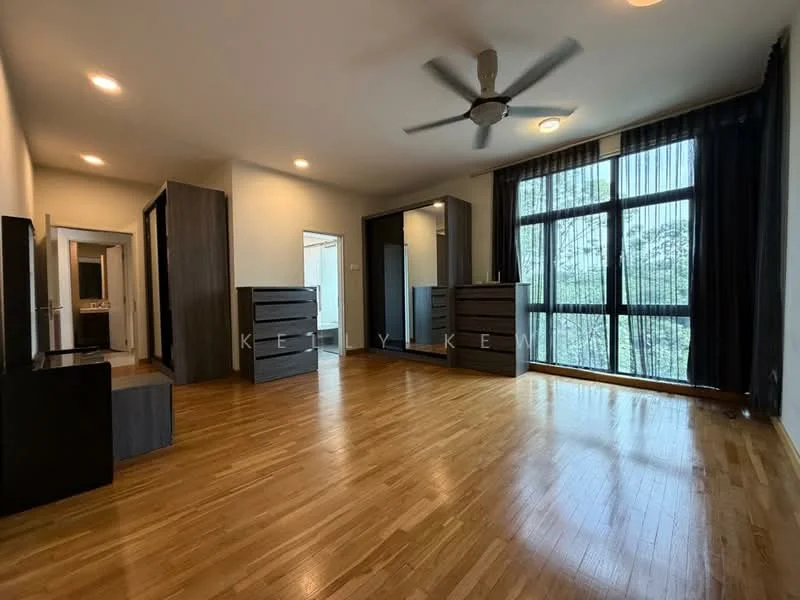 Bedroom features: wooden flooring, 5-blade ceiling fan, large floor-to-ceiling windows, blackout curtains, built-in wardrobe, chest of drawers, dressing table, neutral wall color, recessed lighting; style: modern; view: garden.