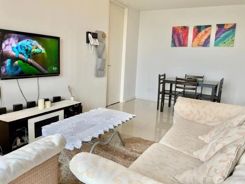 Living features: 3-seater fabric sofa in cream with floral pattern, coffee table with metal legs, area rug with neutral color, wall-mounted TV, entertainment unit with storage, decorative wall art with colorful patterns, floor-to-ceiling windows, light-colored walls, tile flooring; style: modern. Dining features: 4-seater dining table in black, black dining chairs, light-colored walls, tile flooring; style: modern.