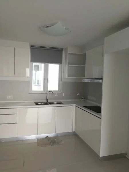 Kitchen features: white glossy cabinetry, double-bowl stainless-steel sink, chrome pull-down faucet, grey tiled backsplash, built-in oven, ceramic cooktop, countertop with smooth surface, window with roller blinds, recessed ceiling lights, light-colored tile flooring; style: modern.