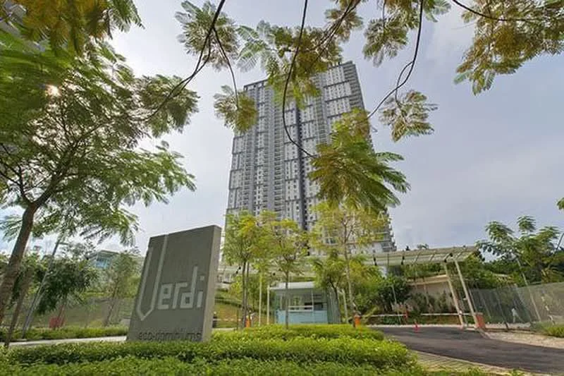 Exterior type: high-rise condominium; features: glass curtain wall, green landscaping with trees, manicured lawn, covered entrance, signage at entrance, driveway with interlocking pavers; style: modern.