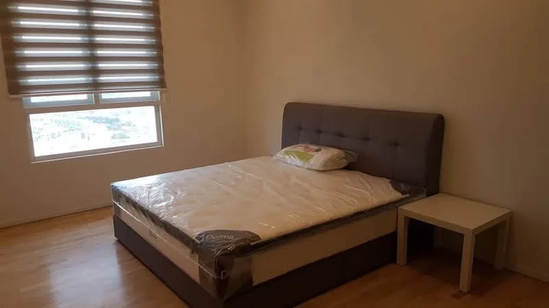 Bedroom features: queen-size bed with upholstered headboard, bedside table, window with roller blinds, wooden flooring, neutral painted walls, decorative pillow on bed, city view from window; style: modern; view: city.