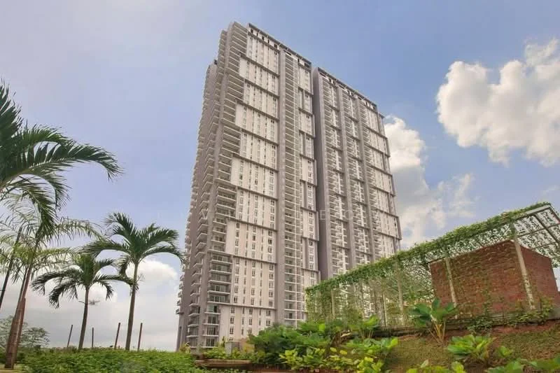 Exterior type: high-rise condominium; features: glass curtain wall, white painted facade, recessed balconies, approximately 20-storey high-rise, tropical landscaping, manicured lawn, palm trees, greenery surrounding the building; style: modern.