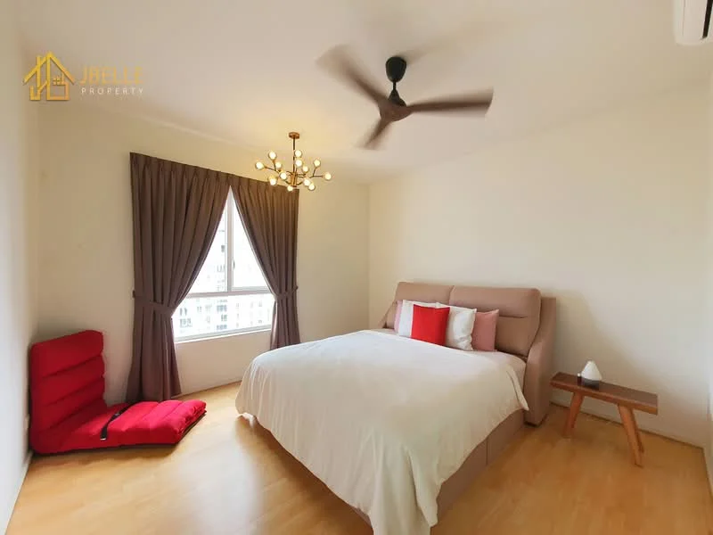 Bedroom features: king-size bed with upholstered headboard, white bedding, red accent pillows, wooden flooring, 5-blade ceiling fan, chandelier light fixture, floor-to-ceiling window, curtains in dark grey, red floor cushion, side table; style: modern; view: city.