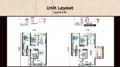 Floor plan: 3-bedroom 2-bathroom unit; features: open-plan kitchen-dining-living, master bedroom with ensuite bathroom, balcony off living room, utility room, laundry area, central foyer, 2 car porch, 1,250 sqft built-up.