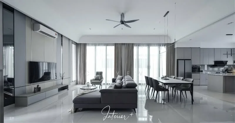 Living features: 5-blade ceiling fan with light, wall-mounted TV, grey fabric sectional sofa, coffee table, marble flooring, floor-to-ceiling windows, sheer curtains, recessed LED downlights, decorative wall paneling, open-plan layout to kitchen and dining area; style: modern. Dining features: 6-seater dining table, upholstered dining chairs, marble dining table top, decorative pendant lighting; style: modern. Kitchen features: stainless-steel fridge, built-in oven, freestanding range oven, kitchen island, flat-panel cabinetry, quartz countertop, recessed LED downlights; style: modern.