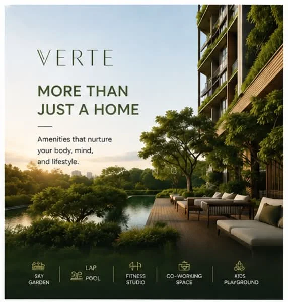 Exterior features: sky garden, lap pool, fitness studio, co-working space, kids playground, landscaped garden, outdoor seating area, water feature; style: modern.