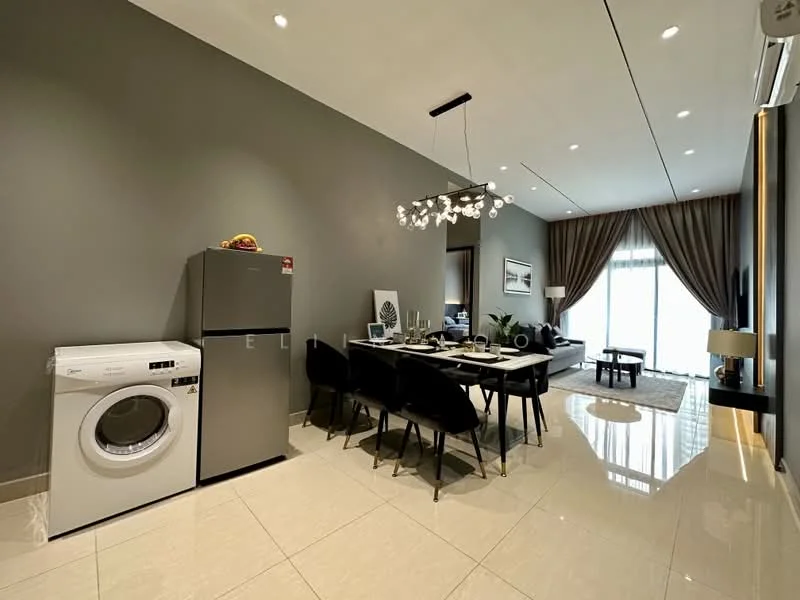 Living features: grey painted walls, recessed downlights, floor-to-ceiling windows, sheer curtains, 3-seater fabric sofa in grey, coffee table, area rug, TV console, wall-mounted TV, dining table with 6 black upholstered chairs, stainless-steel fridge, front-load washing machine, marble tile flooring; style: modern.