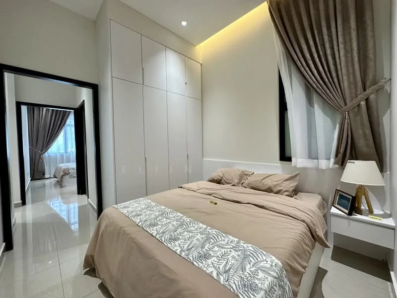 Bedroom features: king-size bed with beige bedding, upholstered headboard, nightstand with lamp, built-in wardrobe with white finish, floor-to-ceiling window with sheer curtains, grey curtains, marble tile flooring, recessed ceiling lights; style: modern. Room features: doorway leading to another room, additional window with sheer curtains.