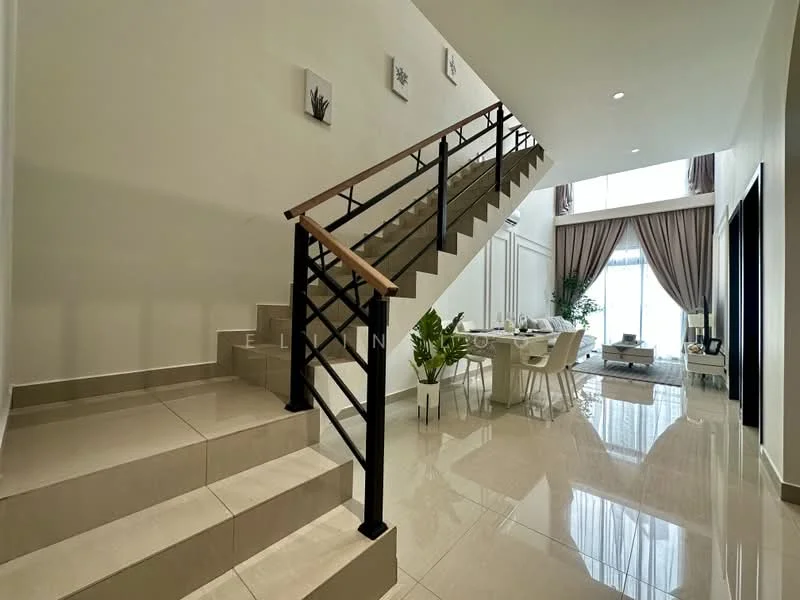 Room features: staircase with black metal railing, white painted walls, large windows with sheer curtains, marble tile flooring, high ceiling, decorative wall art, dining area with table and chairs visible, indoor plants, natural light from windows; style: modern.