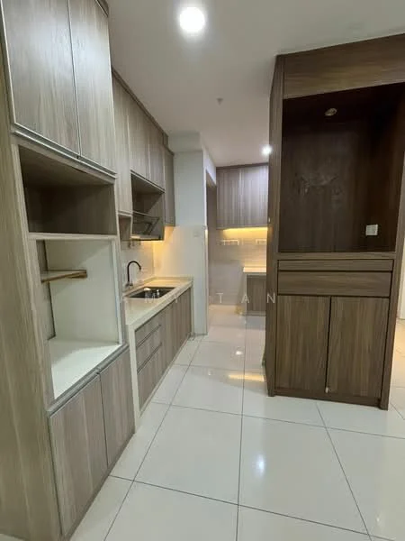 Kitchen features: light wood cabinetry, white countertop, single-bowl stainless-steel sink, chrome pull-down faucet, built-in oven, ceramic tile flooring, recessed downlights, open shelving, drawer storage, wall-mounted cabinets, neutral wall colour, back wall with no visible features; style: modern.