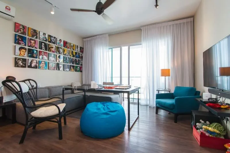 Living features: grey fabric sectional sofa, black accent chair, blue bean bag, coffee table, TV console, wall-mounted TV, floor-to-ceiling windows, sheer white curtains, wooden flooring, decorative artwork on wall, table lamp; style: modern; view: city.