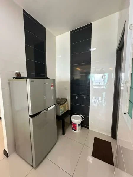 Kitchen features: stainless-steel fridge, black and white tiled walls, white floor tiles, glass table, bucket, doormat; style: modern.