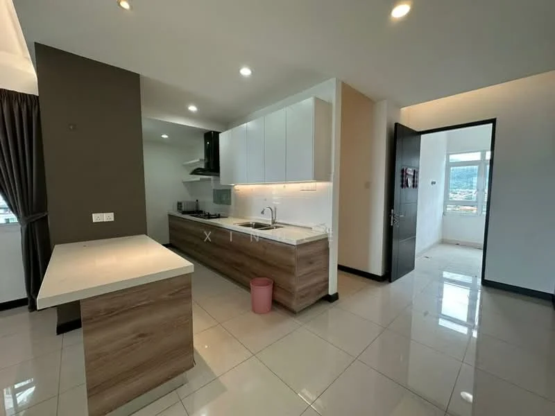 Kitchen features: white cabinetry, wooden countertop, stainless-steel sink, chrome pull-down faucet, built-in oven, stainless-steel range hood, ceramic tile flooring, recessed downlights; style: modern. Room features: open layout, large windows, neutral wall color, sliding door to hallway.