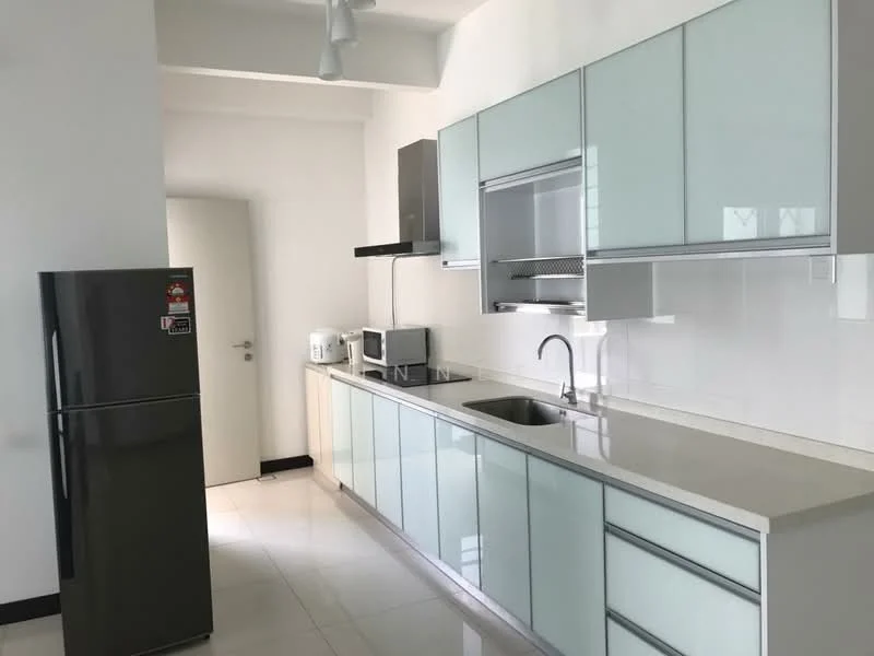 Kitchen features: light green glass cabinetry, white countertop, single-bowl stainless-steel sink, chrome pull-down faucet, built-in oven, freestanding microwave, stainless-steel fridge, ceramic tile flooring, white painted walls, recessed downlights; style: modern.