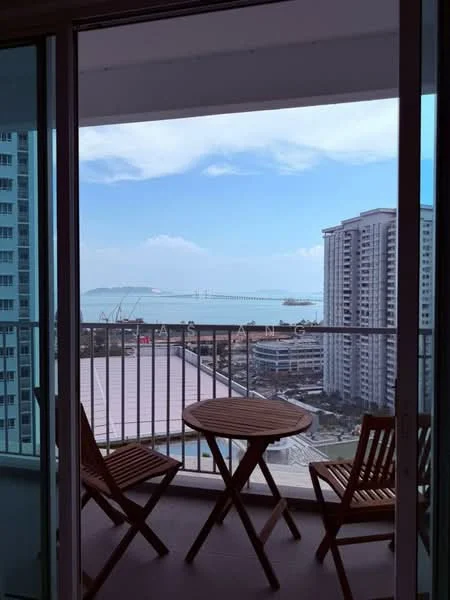 Balcony features: wooden outdoor table, two wooden chairs, glass railing, city skyline view, sea view, floor-to-ceiling sliding glass door; style: modern; view: sea.