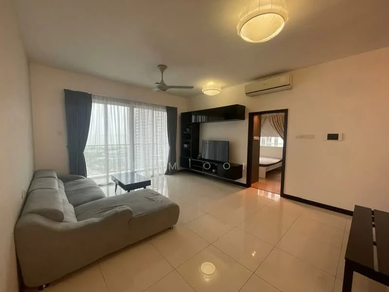 Living features: grey fabric 3-seater sofa, coffee table, wall-mounted TV, black TV console, floor-to-ceiling windows, sheer curtains, recessed downlights, ceiling fan, white painted walls, glossy tile flooring, air conditioning unit; style: modern; view: city.