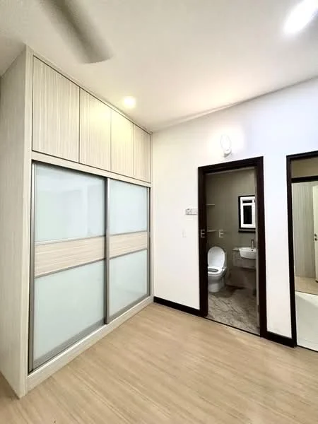 Room features: light wood laminate flooring, built-in wardrobe with sliding doors, white frosted glass panels on wardrobe, recessed ceiling lights, neutral wall color, doorway leading to bathroom, doorway leading to another room, ceiling fan; style: modern.