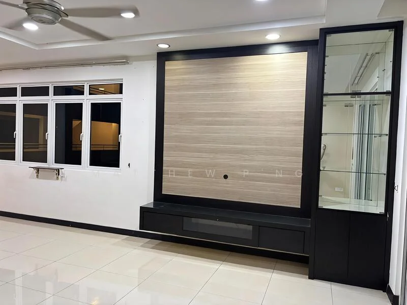 Living features: white painted walls, glossy tile flooring, recessed downlights, 5-blade ceiling fan, built-in TV console, display cabinet with glass doors, large windows, black cabinetry; style: modern.