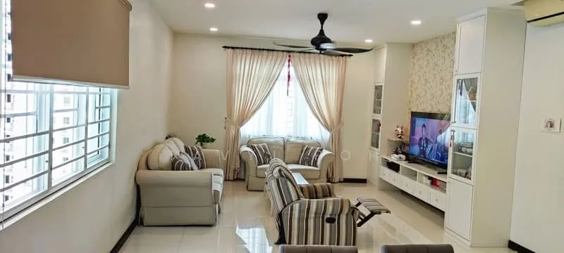 Living features: cream painted walls, white ceiling with recessed downlights, polished ceramic tile flooring, 5-blade ceiling fan with light, large window with sheer curtains, two 3-seater fabric sofas in light grey, striped accent chairs, coffee table, TV console with wall-mounted TV, decorative wall with floral wallpaper, built-in shelving unit; style: modern; view: city.