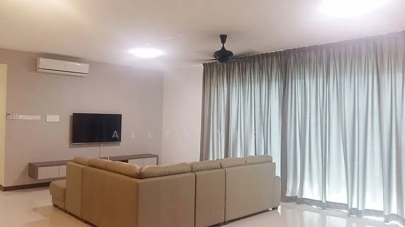 Living features: 3-seater fabric sofa in beige, wall-mounted TV, TV console with storage, floor-to-ceiling windows, sheer curtains, recessed LED downlights, 5-blade ceiling fan, wall-mounted split AC, cream painted walls, polished tile flooring; style: modern.