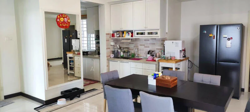 Kitchen features: white cabinetry, grey backsplash, stainless-steel fridge, built-in oven, microwave, wooden countertop, kitchen island, double-bowl stainless-steel sink, chrome pull-down faucet, ceramic tile flooring, recessed downlights, open shelving, wall-mounted cabinets; style: modern. Dining features: 6-seater dining table, upholstered dining chairs, decorative centerpiece, area rug, pendant lighting; style: modern.