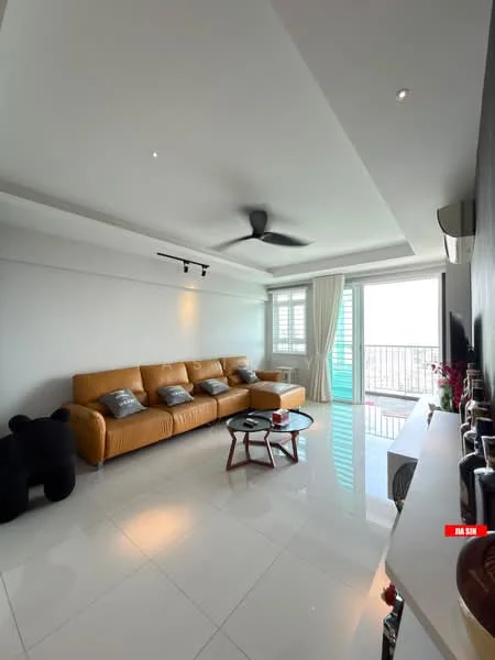 Living features: 3-seater leather sofa in tan, glass coffee table, wall-mounted TV, white painted walls, polished tile flooring, ceiling fan with light, floor-to-ceiling windows, sheer curtains, decorative wall art, black bear plush toy, recessed downlights; style: modern; view: city.