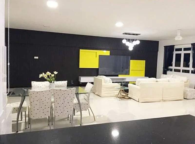 Living features: white leather sectional sofa, 2 white armchairs, glass coffee table, black accent wall, yellow wall art, recessed ceiling lights, 5-blade ceiling fan, large windows with black curtains, polished tile flooring, dining table with 6 chairs, decorative vase with flowers; style: modern.