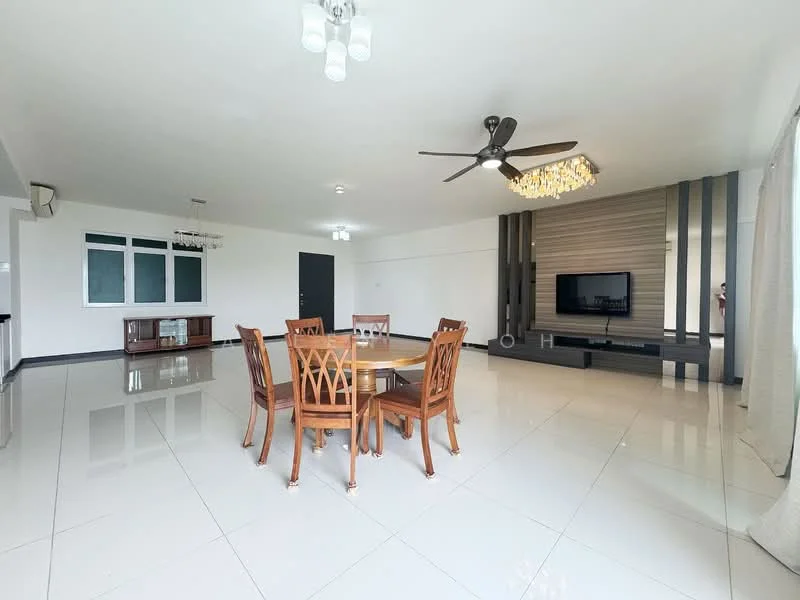 Living features: large rectangular dining table with six wooden chairs, 3-blade ceiling fan with light, chandelier, wall-mounted TV, feature wall with horizontal wooden slats, white painted walls, glossy white tile flooring, large windows with sheer curtains, open layout, decorative wall paneling, recessed lighting; style: modern.