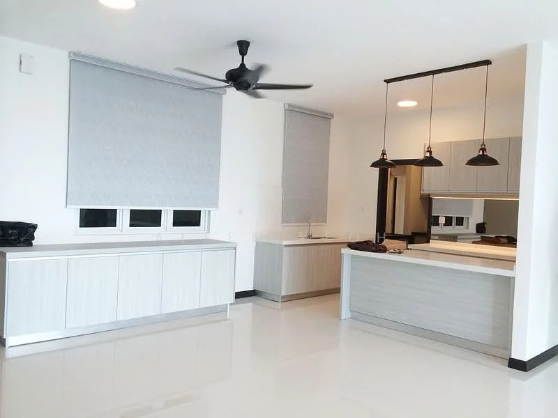 Kitchen features: white painted walls, glossy tile flooring, ceiling fan, pendant lights, kitchen island, built-in cabinetry with light wood finish, double-bowl stainless-steel sink, chrome pull-down faucet, countertop with white surface, window with roller blinds, open layout, recessed lighting; style: modern.
