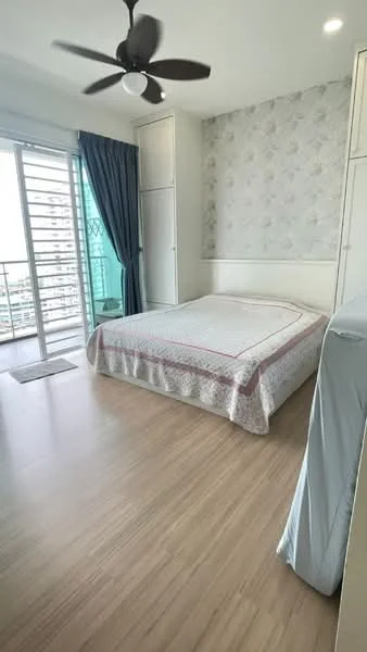 Bedroom features: queen-size bed with patterned bedding, floor-to-ceiling windows, sliding glass door to balcony, curtains in teal, light wood flooring, wall with floral wallpaper, built-in wardrobe, ceiling fan with light; style: modern; view: city.