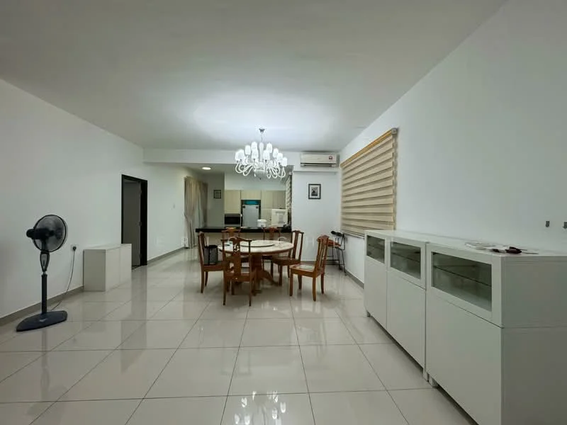Dining features: white painted walls, glossy porcelain tile flooring, chandelier light fixture, round dining table, wooden dining chairs, air conditioning unit, window with roller blinds, built-in cabinets; style: modern.