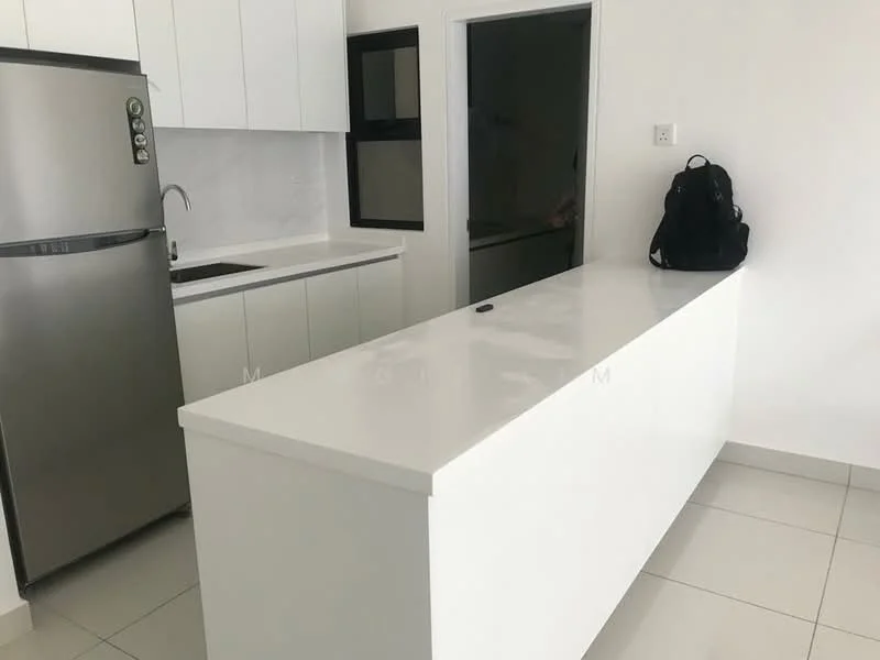Kitchen features: stainless-steel fridge, single-bowl stainless-steel sink, chrome pull-down faucet, white laminate countertop, white shaker cabinets, white cabinetry, tile flooring, wall-mounted cabinets, black framed window, open layout, island with seating area; style: modern.
