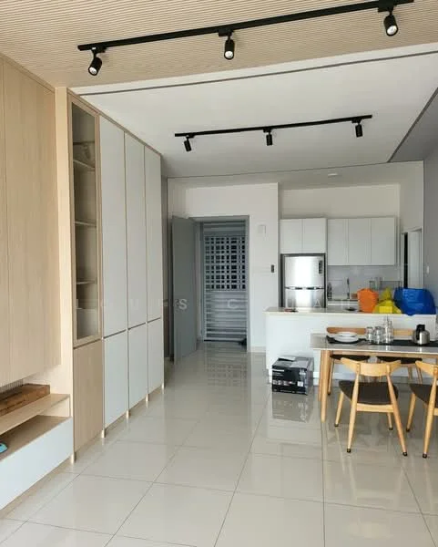 Living features: white painted walls, wooden cabinetry with light finish, glossy tile flooring, recessed LED downlights, track lighting, dining table with wooden legs, four wooden dining chairs, stainless-steel refrigerator, built-in oven, microwave, open layout, kitchen island, pantry door, decorative items on shelves; style: modern.
