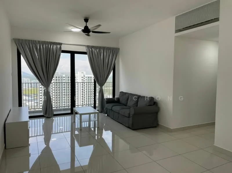Living features: grey fabric sofa, coffee table, floor-to-ceiling windows, curtains, 5-blade ceiling fan with light, white painted walls, glossy tile flooring, mountain view; style: modern; view: mountain.