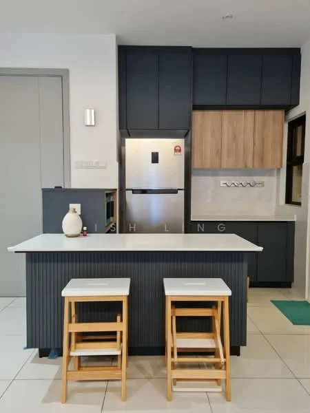 Kitchen features: stainless-steel fridge, white marble countertop, dark blue cabinetry, light wood upper cabinets, white backsplash, kitchen island with seating, two wooden stools, built-in oven, single-bowl stainless-steel sink, chrome pull-down faucet, recessed downlights, tile flooring, wall-mounted cabinet, open shelving; style: modern.