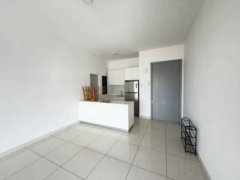 Kitchen features: white cabinetry, stainless-steel fridge, stainless-steel sink, chrome pull-down faucet, white countertop, tile flooring, recessed downlights, open shelving, kitchen island, grey walls, floor-to-ceiling windows, no visible appliances other than fridge; style: modern.