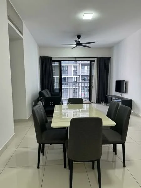 Living features: grey fabric sofa, 6-seater dining table with white tabletop, grey upholstered dining chairs, wall-mounted TV, ceiling fan with light, floor-to-ceiling windows, sliding glass door, curtains, glossy tile flooring, neutral painted walls; style: modern; view: city.