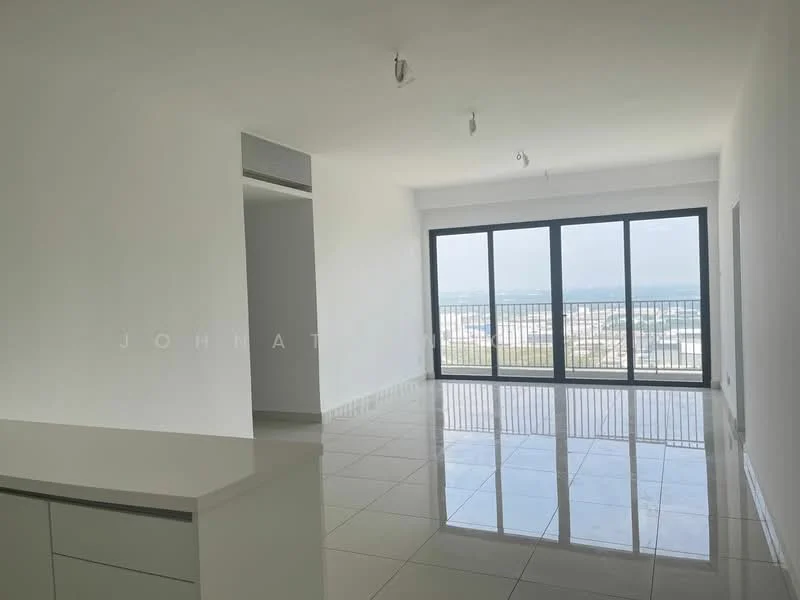 Living features: white painted walls, glossy tile flooring, floor-to-ceiling windows, sliding glass door, recessed downlights, open layout, city view, balcony access; style: modern; view: city.