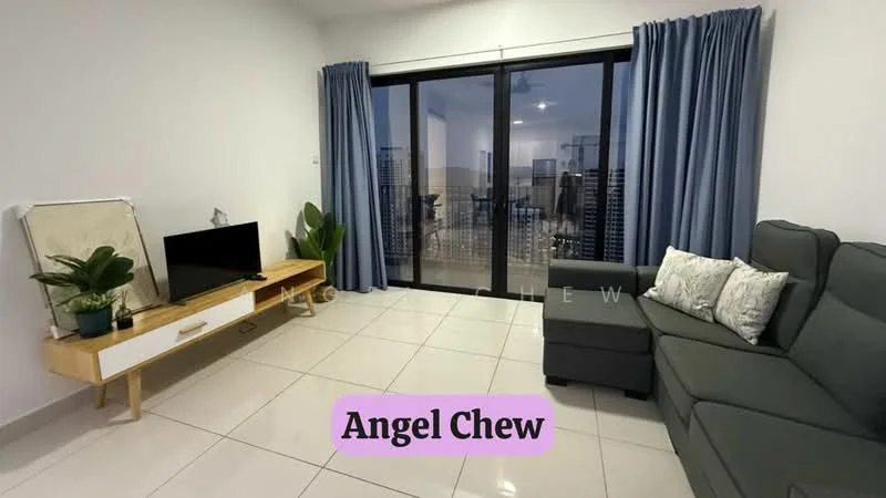 Living features: grey fabric sectional sofa, white TV console, wall-mounted TV, large sliding glass door, floor-to-ceiling curtains in blue, white tiled flooring, decorative houseplant in ceramic pot, decorative cushions on sofa; style: modern; view: city.
