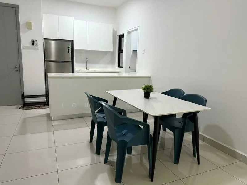 Dining features: white dining table, 4 plastic dining chairs in teal, white cabinetry, stainless-steel fridge, single-bowl stainless-steel sink, chrome pull-down faucet, white countertop, tile flooring, white painted walls, window with natural light; style: modern. Kitchen features: white cabinetry, stainless-steel fridge, single-bowl stainless-steel sink, chrome pull-down faucet, white countertop, tile flooring, white painted walls, window with natural light; style: modern.