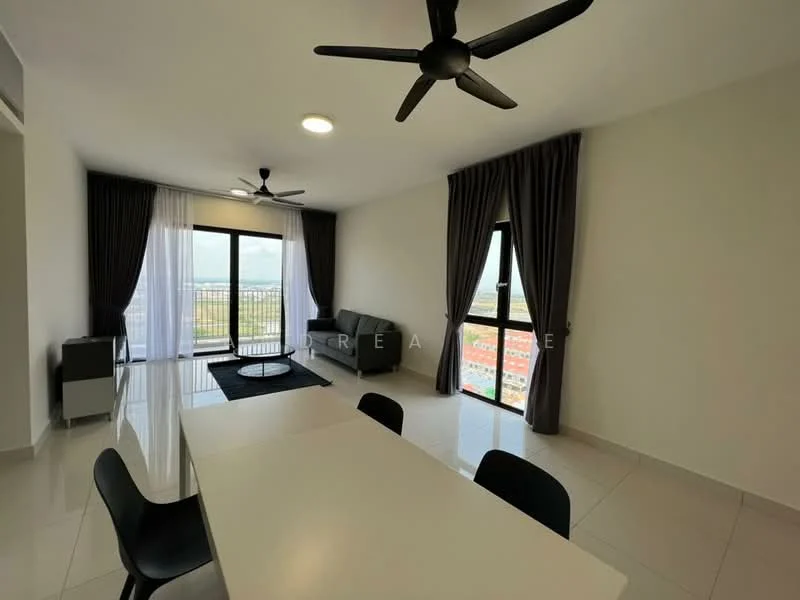 Living features: floor-to-ceiling windows, blackout curtains, 2-seater fabric sofa in grey, coffee table, area rug, 5-blade ceiling fan with light, white painted walls, glossy tile flooring, dining table with 4 chairs, view of city skyline; style: modern; view: city.