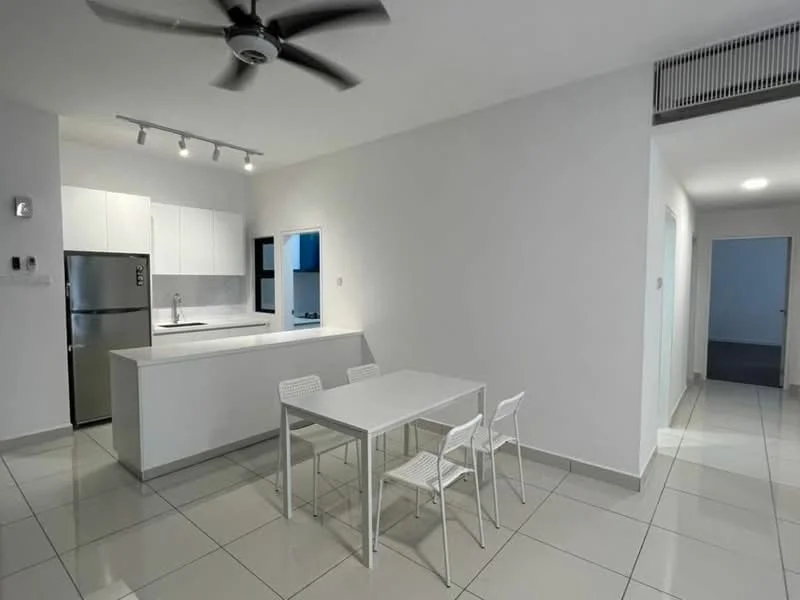 Dining features: white dining table, 4 white chairs, grey tiled flooring, white painted walls, recessed LED downlights, ceiling fan, open-plan layout, kitchen island with seating, stainless-steel fridge, kitchen cabinetry, window with natural light; style: modern. Kitchen features: white cabinetry, stainless-steel fridge, countertop with sink, open layout to dining area; style: modern. Room features: grey tiled flooring, white painted walls, doorway leading to hallway.